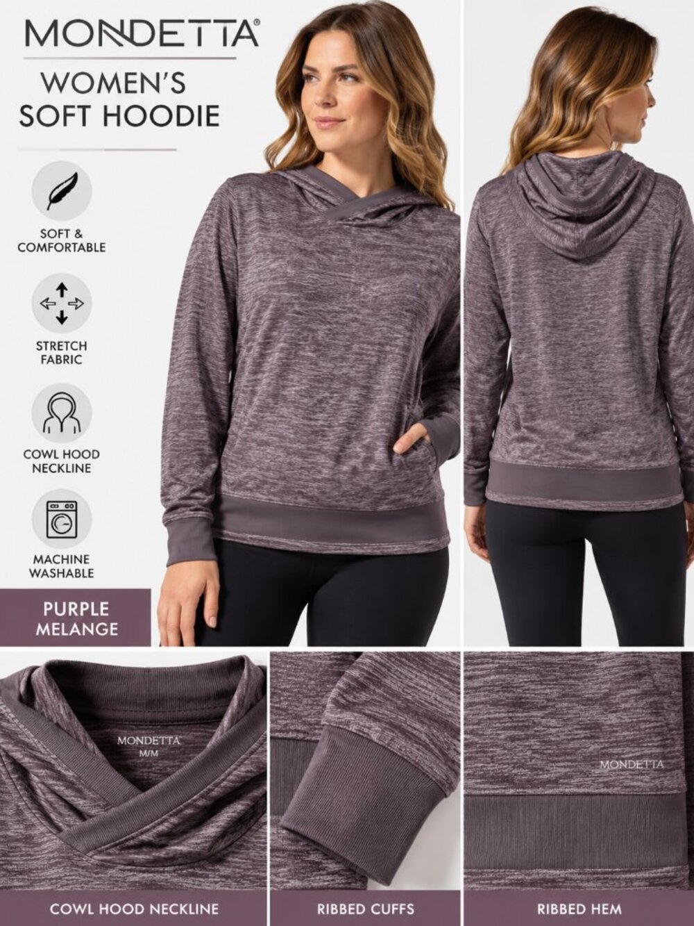 Mondetta Women’s Soft Cowl Neck Hoodie Purple Melange Stretch